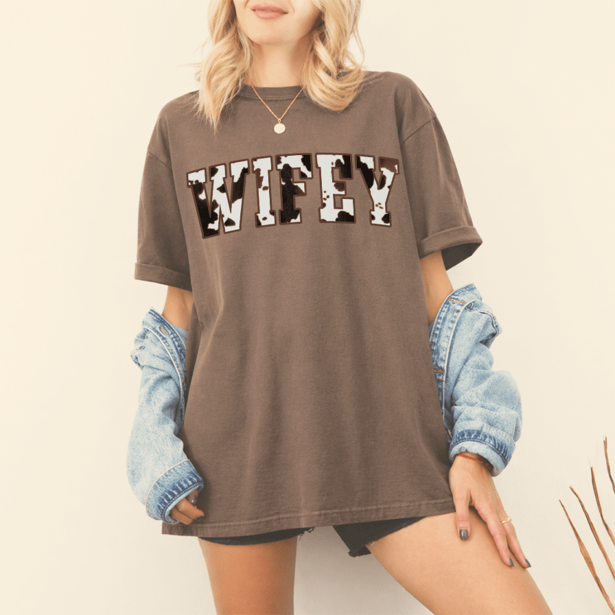 Cow Print Wifey Comfort Colors Shirt – Western Bridal Gift for Bride, Country Cowgirl Honeymoon Tee - back view
